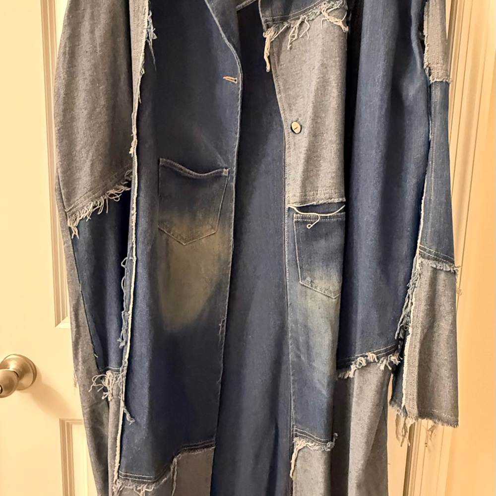 Patchwork Oversized Denim Trench Coat Vintage Was… - image 6